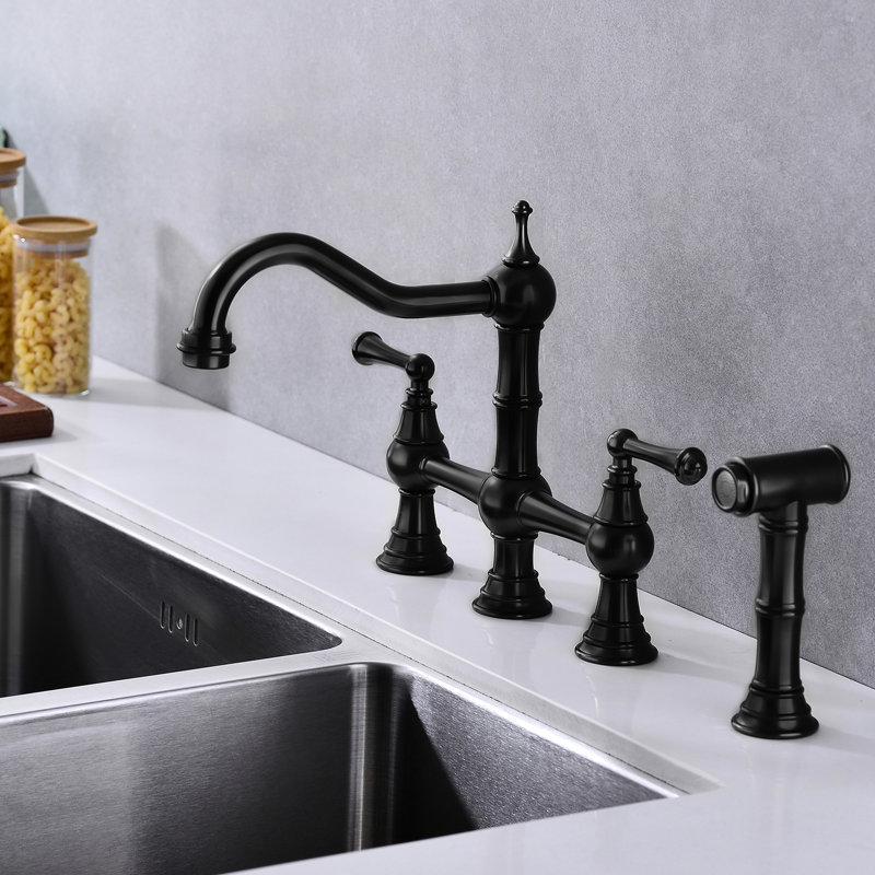Bridge Dual Handles Kitchen Faucet In Matte Black With Pull-Out Side Spray, 360 Degree Rotatable High Spreading, Rust, Corrosion , Leak Proof, Brass Created Discharge Pipe, Made