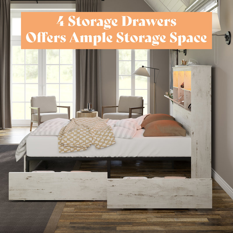 Bilal 51.2" Full Size Bed Frame with Storage LED Bookcase Headboard&4 Storage Drawers,Distressed White, Full