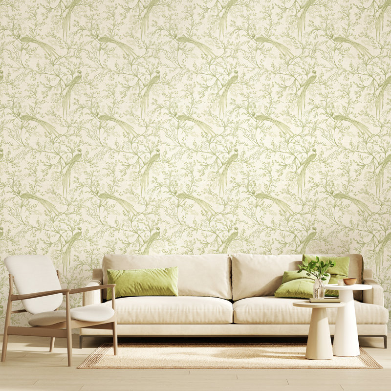 Bird Toile - Dark Denim 10m Wallpaper, Green Floral