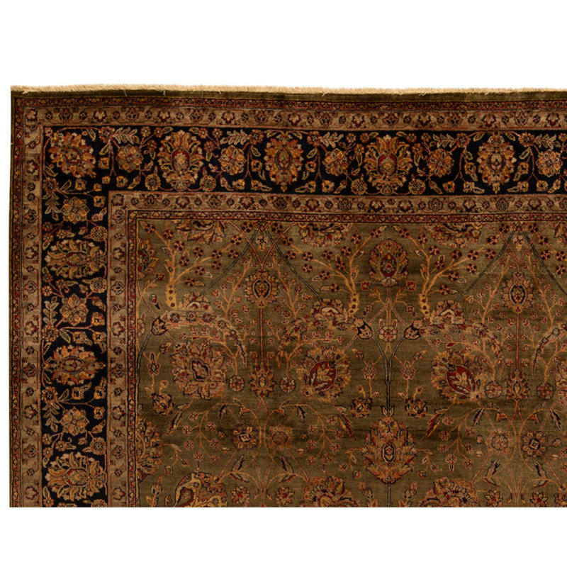 Tapis vert et bleu marine noué à la main de haute qualité