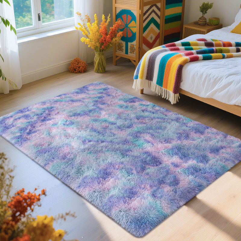 Rainbow Purple Performance Rug, 4x6 Area Rugs for Living Room, Modern Rug for Bedroom, Colorful Indoor Shag Fuzzy Carpets with 4 Stickers, Upgrade Non Slip Carpet, Ideal For High Traffic Areas Indoor