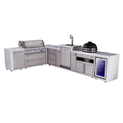 Mont Alpi Premium 94"W x 156"D x 55"H Stainless Steel L-shaped Modular Outdoor Kitchen Island with Refrigerator + 44"W 6-Burner BBQ Gas Grill + Side Burner + Kegerator + Kamado + Granite Countertops + Storage + Natural Gas Convertible + Lifetime Warranty