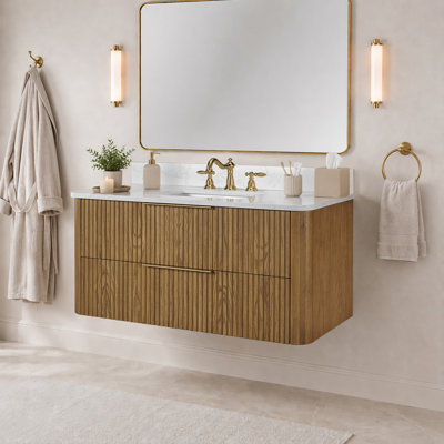 Meuble-lavabo flottant de 42 po avec lavabo, meuble-lavabo mural cannelé, comptoir en faux marbre, tiroir à fermeture en douceur, entièrement assemblé, brun chêne clair