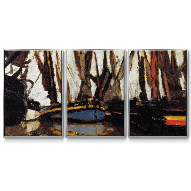 Ensemble de 3 bateaux de pêche (étude), 1866, encadré sur toile, Encadrement argenté, H 36 po x l 75 po x P 2 po