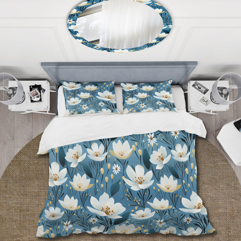 Blue Coastal Harmony Floral Pattern VIII - Ensemble de housse de couette à motif floral