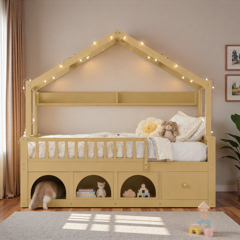 Lit de plancher pour enfants avec toit, lumière DEL, garde-corps de sécurité, tiroirs de rangement et casiers, Twin, Natural