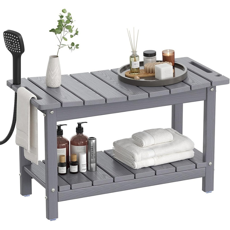 Banc de douche en PEHD avec tablette de rangement et poignées, siège de bain intérieur et extérieur, gris