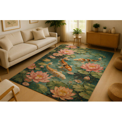 "Ultra Thin" 5' x 7' Koi Fish Lotus Pond Area Rug for Living Room, Soft Low Pile Indoor Rug with Non-Slip Silicone Backing, Water Garden Decor for Bedroom, Dining Room, Family Room, Kids & Pets, Teal