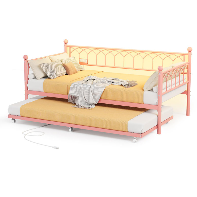 Twin Daybed With Trundle, Day Bed With Charging Station & LED Lights, Pink
