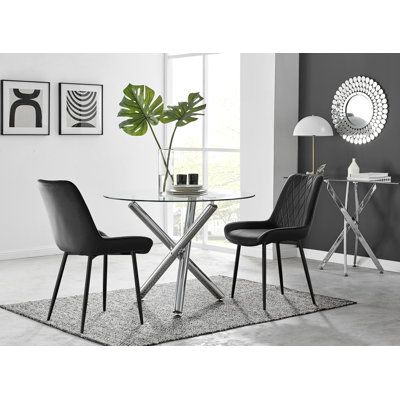 Seline Modern Round Dining Table Set in Glass and Chrome with 2 Luxury Velvet Leather Chairs