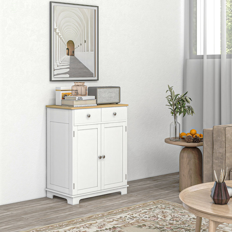 Buffet avec comptoir en bois massif, armoire de cuisine moderne avec 2 tiroirs, portes et tablette réglable, Blanc