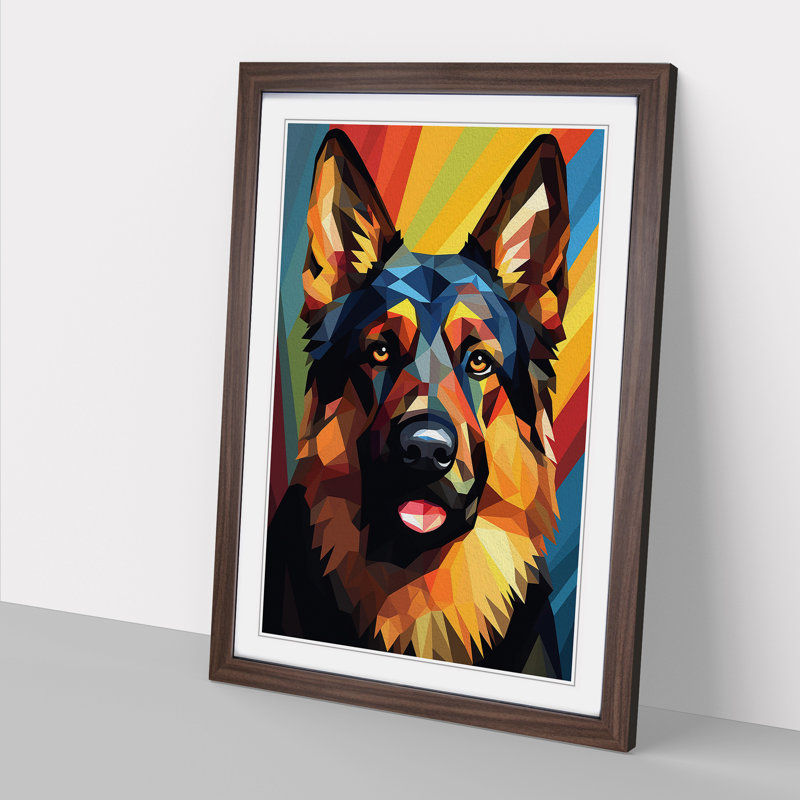 German Shepherd Geometric No.3 - Single Picture Frame Print on Wood, Walnut Framed, 64cm H x 46cm W