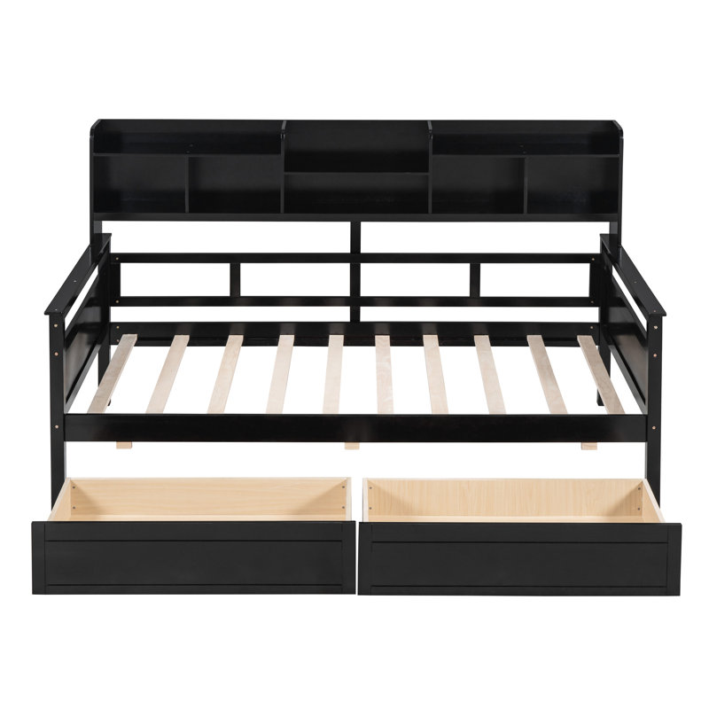 Lit de jour simple avec couleur, support en lattes de bois et nombreuses options de rangement pour les lattes solides, les tablettes de chevet et deux tiroirs