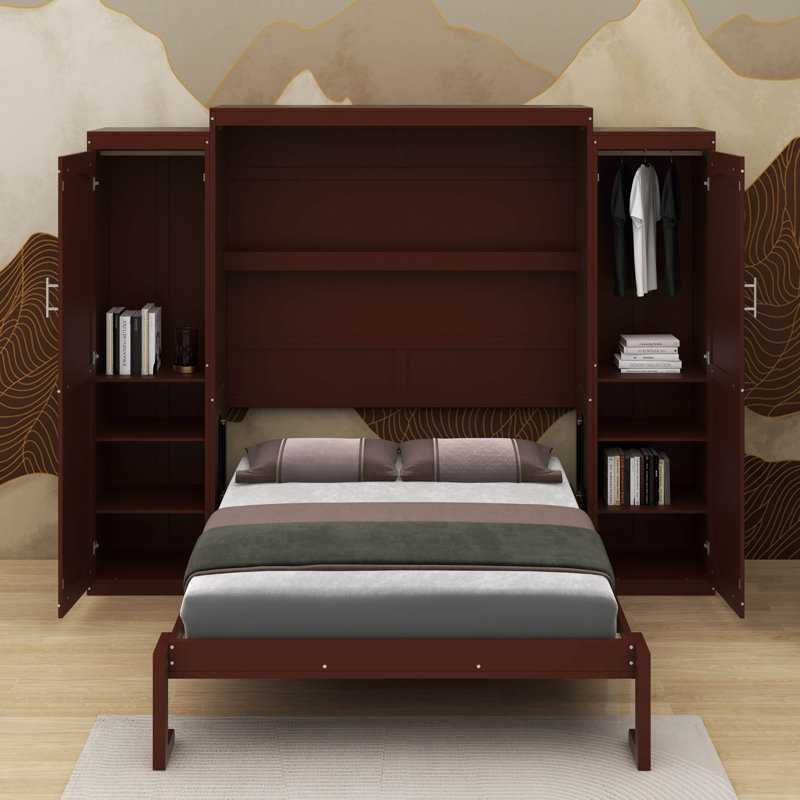 Lit escamotable double avec garde-robe et tablette de rangement, Noyer, Lit double