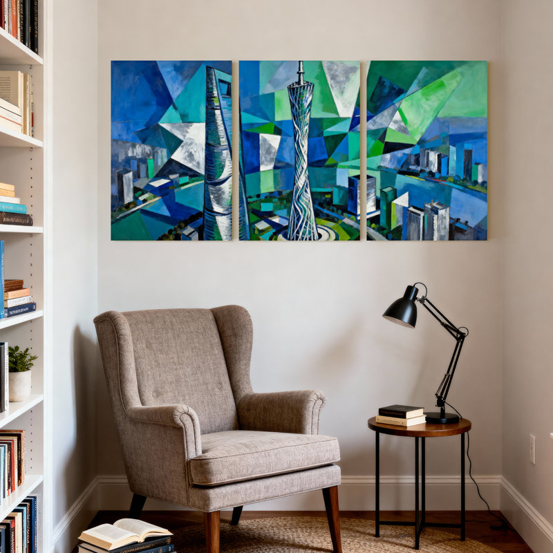 Cités et pays abstraits, tour de ville, reflets, bleu, vert, ensemble de 3 impressions sur toile, H 18 po x l 36 po