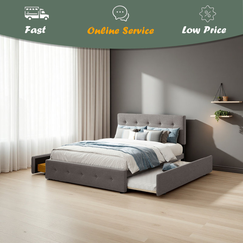 Lit plateforme tapissier avec 2 tiroirs et 1 lit gigogne simple TG, tissu de lin, grand, Gris