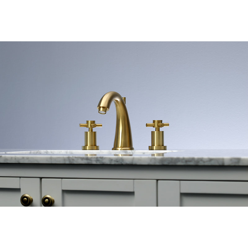 Kingston Brass Concord Two-Handle 3-Hole Deck Mount Widespread Bathroom Faucet with Brass Pop-Up Drain, Satin Brass