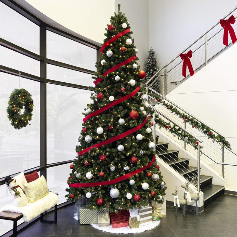 Arbre de Noël artificiel à charnière illuminé 12 pi avec 1250 lumières DEL, 4 693 pointes en acier à mémoire de forme et base en métal