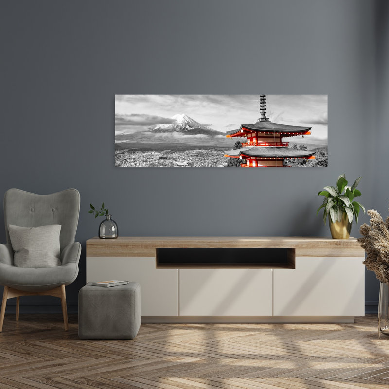 Pagode japonaise, Mont Fuji, architecture abstraite traditionnelle, art mural de la ville, H 16 po x l 48 po