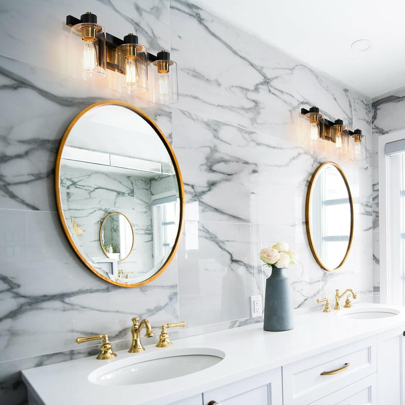 22.5" Large Bathroom Vanity Light Fixture - 3-Light Black And Gold Wall Sconce With Clear Glass Shade For Farmhouse, Modern, And Traditional Spaces