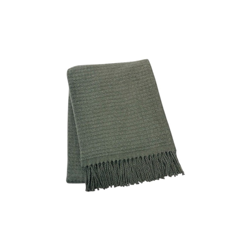 Jeté tissé en mélange de coton vert olive 50 po x 67 po avec franges