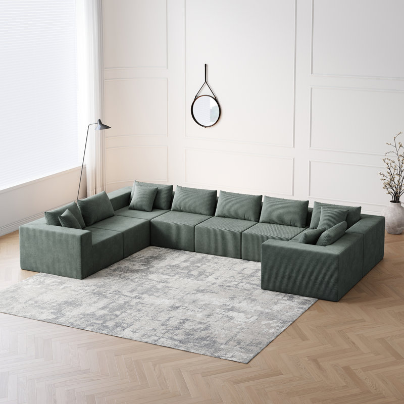 Canapé modulaire en L Corduroy, Vert d’armée