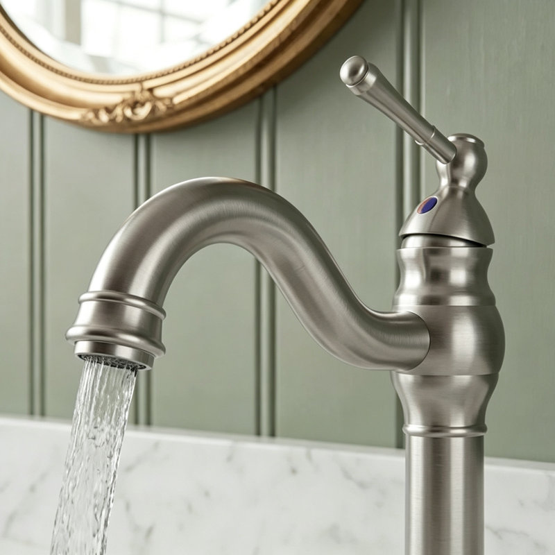Robinet de lavabo, robinet de salle de bain à poignée unique avec bec à col de cygne pivotant à 360°, Nickel brossé