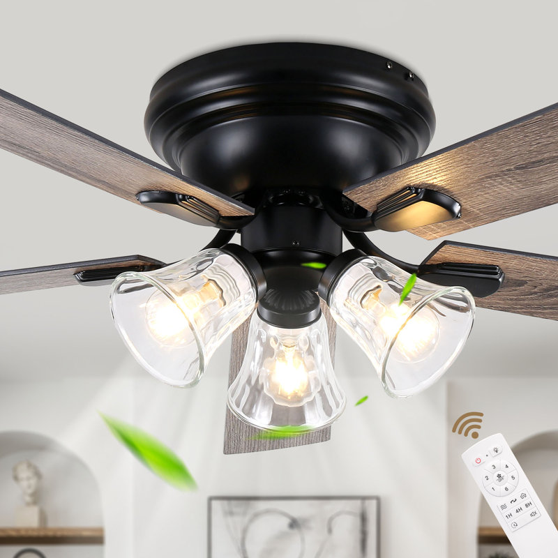 60" Farmhouse 5 - Blade Flush Mount Low Profile Indoor Standard Ceiling Fan With Remote Control And Light Kit Included