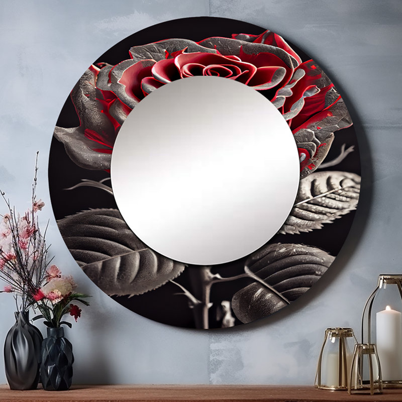 Shaelen Blossoming Rose en rouge et gris I - miroir mural décoratif floral, grand miroir rond traditionnel, impression d'art en métal
