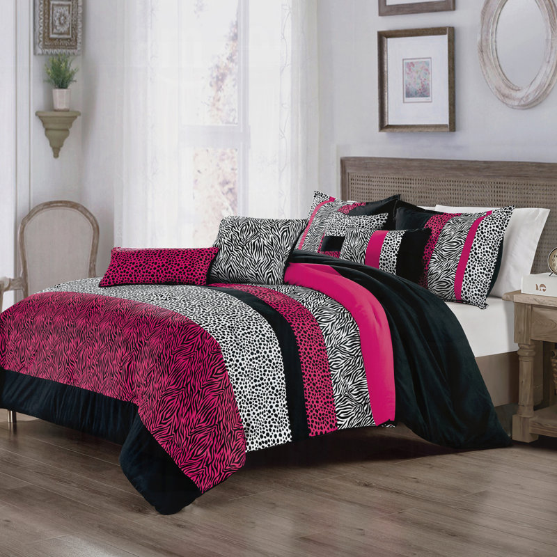 7-Piece Pink And Black Leopard Print Comforter Set Microfiber Polyester With Comforter Shams And Decorative Pillows