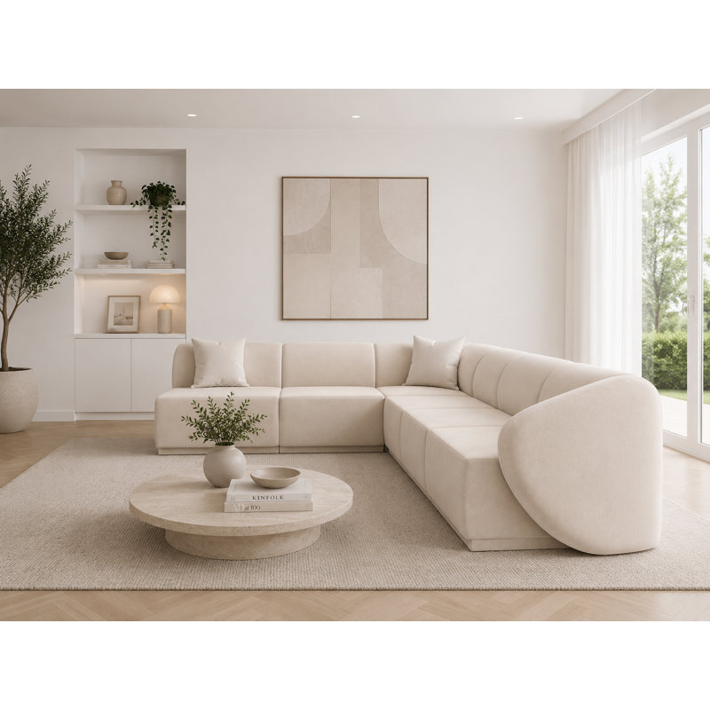 6 Seater Velvet Sofa & Chaise, Beige Velvet