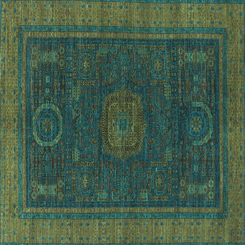 Tapis oriental en laine / polyester tissé à la machine en bleu / jaune / brun, Carré 4 pi