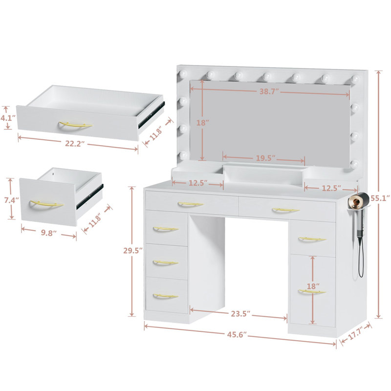 7-Drawer Large Makeup Vanity Desk with Adjustable Light & Power Outlet, White