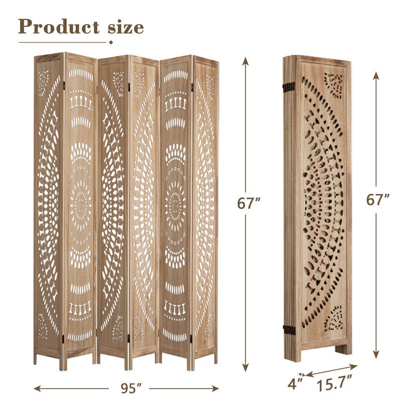 67'' H Solid Wood Folding Room Divider Privacy Screen with Hand-Carved Floral Design, Brown, 6