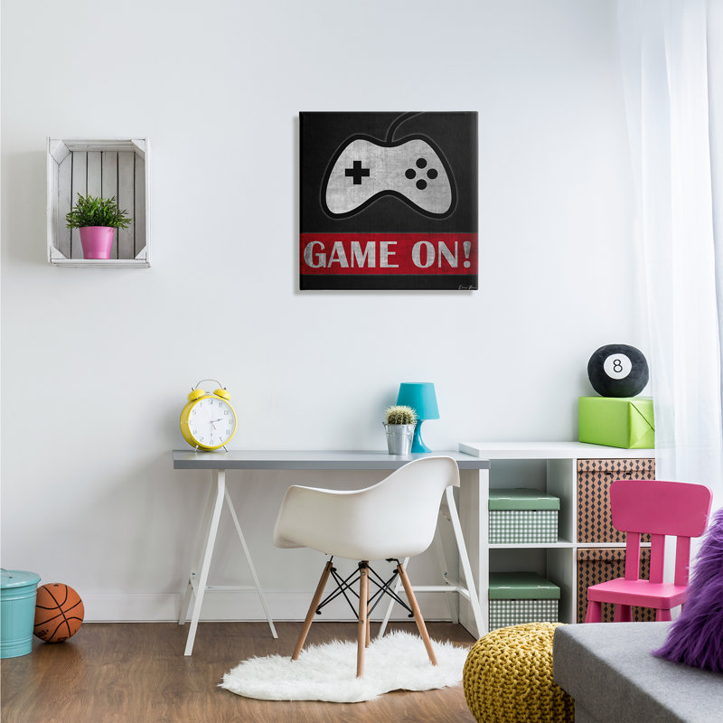 «Game On Bold Gamer», phrase rétro, contrôleur noir, estampe numérique encadrée, art texturé par Denise Brown, Toile tendue