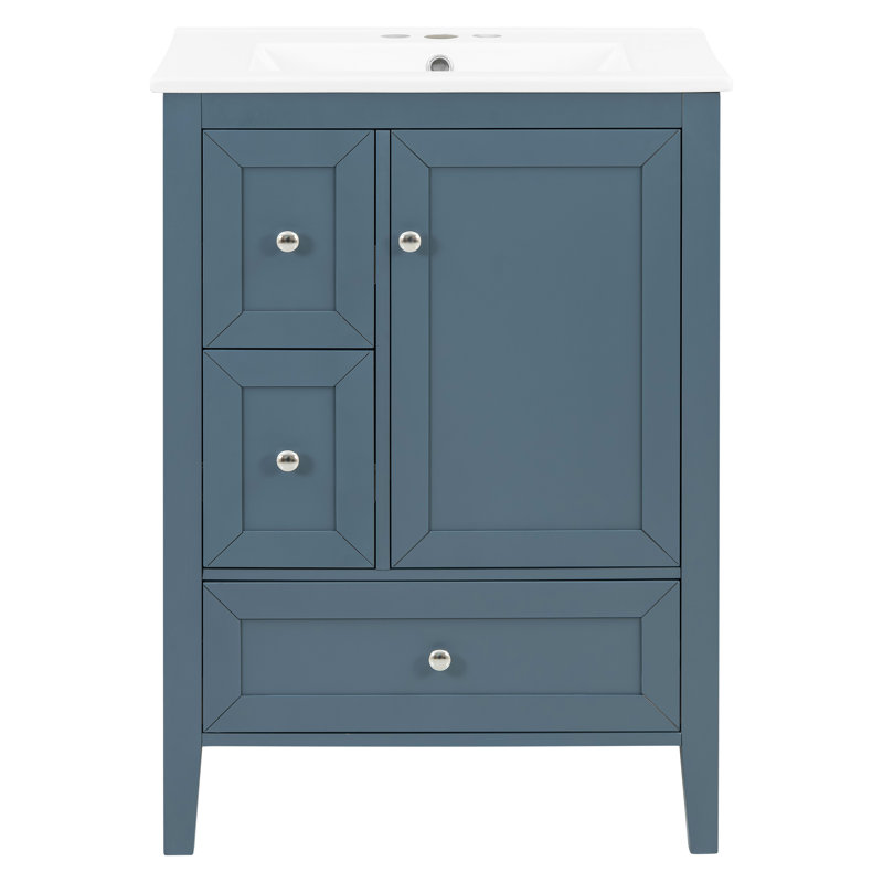 Meuble-lavabo autoportant moderne de 24 po avec comptoir en céramique intégré, armoire de rangement simple à pieds en bois massif avec 3 tiroirs à fermeture en douceur, porte d'armoire et support de rangement intégré, montage sur robinet central (offert en blanc et bleu)