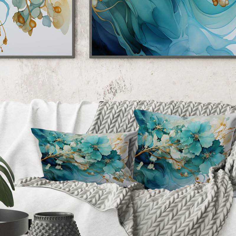 Teal Gold Abstract Fractal Mystic Mirage I - Fractals Printed Throw Pillow, 16" x 16"