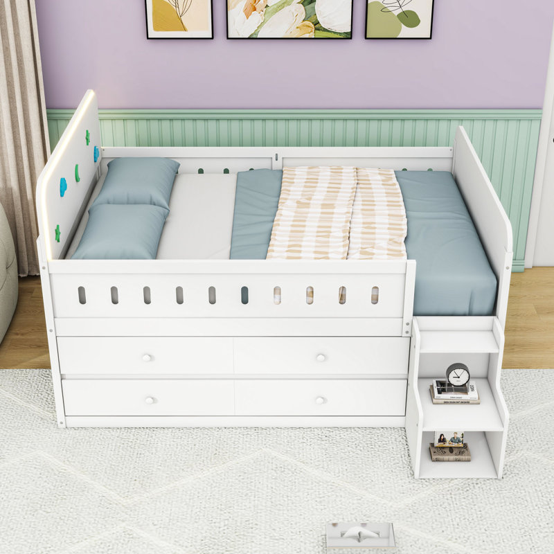 Full Wooden Kids Bed With LED And 4 Drawers And Headboard, White