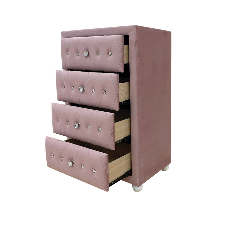 Reggie Pink Fabric Chest Dresser - 3 Drawer Storage Cabinet with Tufted Design, Modern Bedroom Furniture for Organizing Clothes and Accessories