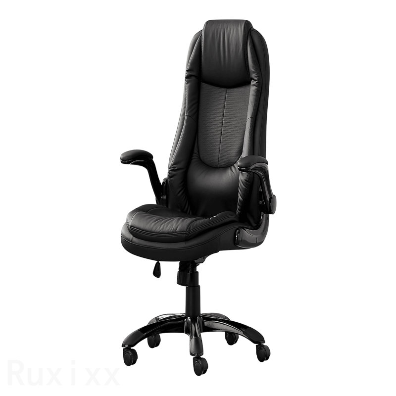 Black Leather Look Black Metal Office Chair, Adjustable Height, Swivel, Ergonomic, Armrests, Computer Desk Work, Contemporary Modern