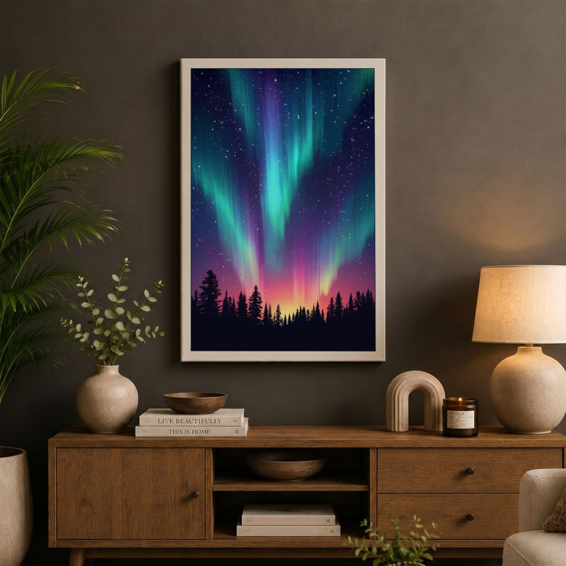 Aurora Over Silent Forest Scandinavian - Wrapped Canvas, 36x24 - 91.4 x 61.0 cm, Ochre Border