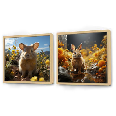 Curious Rabbit In Sunny Yellow Flower Field - Animals Rabbit Square Collage Set Of 2