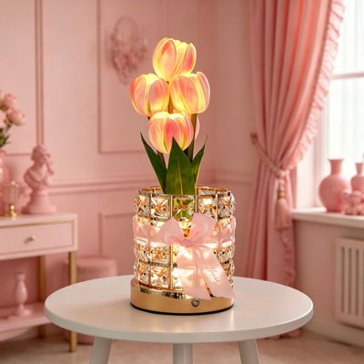 Pink Crystal Floral LED Table Lamp with Tulip Design, Cordless Touch Night Light, 3 Color Dimmable With USB Charge， Mother's Day Gifts For Mom/Birthday Gifts For Women