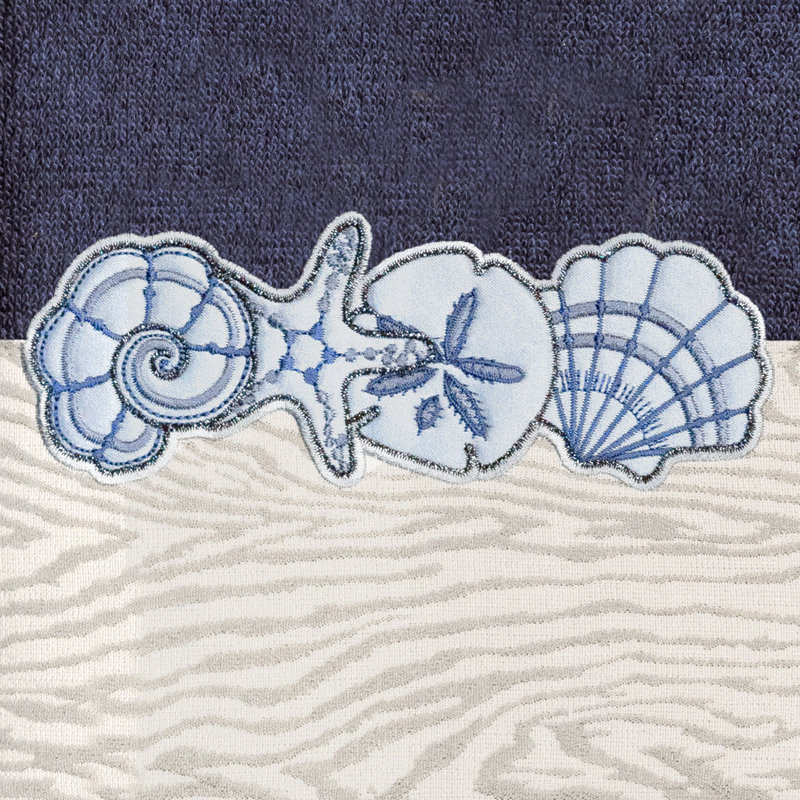 SHELL ROW 2PC Embellished Hand Towel Set 100% Turkish Cotton Hand Towel, Marine