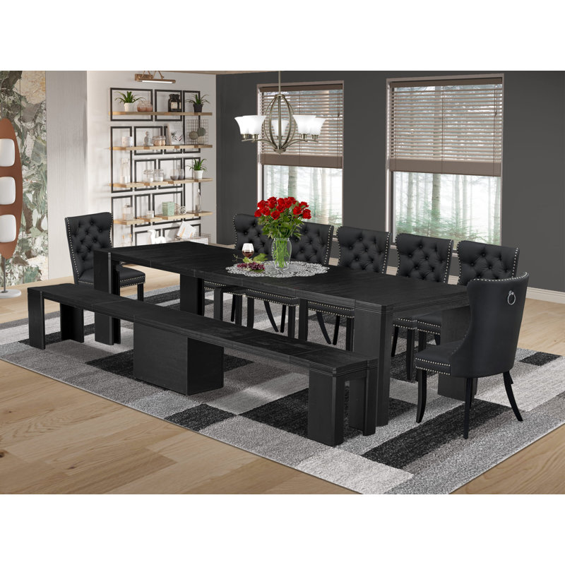 9 Pieces Extendable Dining Set Includes a Rectangle Xtenczar Table, 7 Polyester Dining Chairs and 1 Modern Bench - (Finish Option)