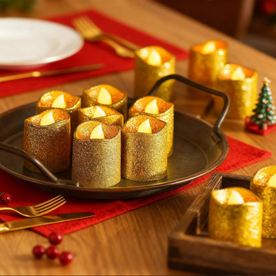 12Pcs LED Candle Lights, Gold Powder Coated Candle Light Set, Christmas Holiday, Wedding, Birthday Party Candles