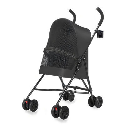 Foldable Lightweight Pet Stroller for Small Dogs & Cats - Black Carrier with Cup Holder & Compact Design | Ideal for Travel, Vet Visits & Outdoor Adventures