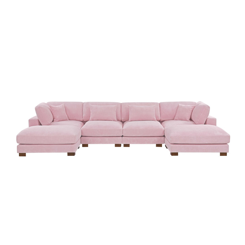Andreco 144" Wide Reversible Modular Corner Sectional with Ottoman, Pink Corduroy