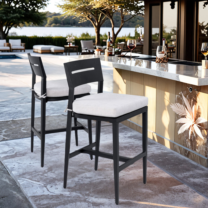 Set of 2 Modern Outdoor Bar Stools  Aluminum Frame /Ergonomic Backrest & Sunbrella Cushions