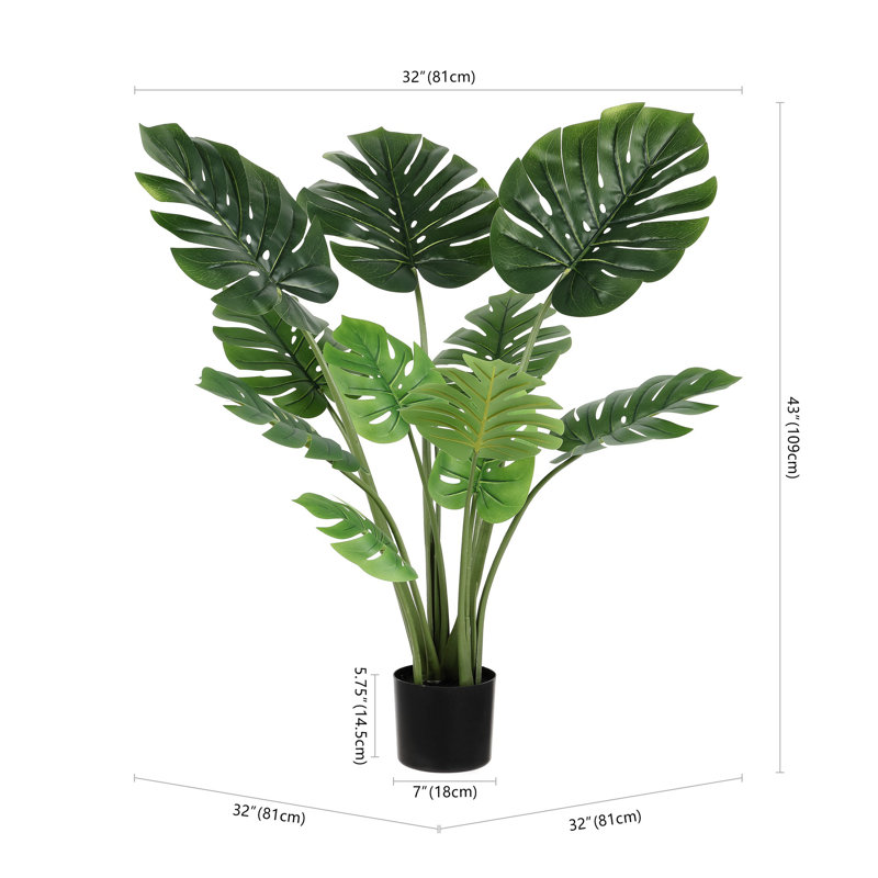 43'' Green Faux Monstera Tree in Black Cement Pot